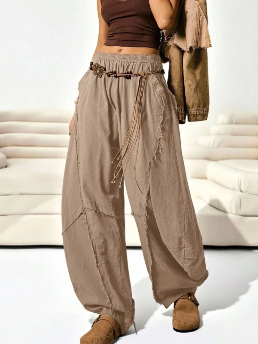 Solid Stretchy Waist Pockets Frayed Detail Harem Genie Pants - Picture 2 of 5